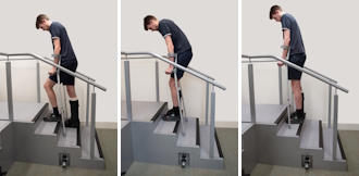 Photo of a person using crutches to go up steps as described in the text